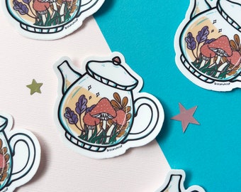 Mushroom Teapot Vinyl Sticker, Elegant Teapot Sticker, Mushroom Sticker