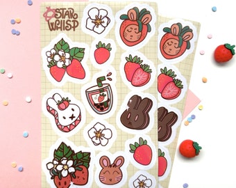 Berry Bunny Vinyl Sticker Sheet, Strawberry Laptop Sticker, Bunny Journal Sticker, Cup Sticker