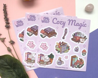 Cozy Magic Books Vinyl Sticker Sheet, Cottage Core Planner Stickers, Cozy Books Stickers
