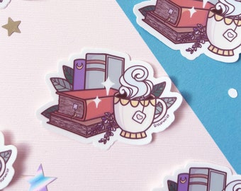 Cozy Tea Cottage Core Vinyl Sticker, Teacup Sticker, Cute Books Sticker