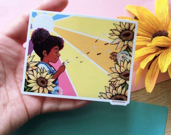 Dandelion Wishes Vinyl Sticker, Dandelion Girl Sticker, Sunflower Girl Sticker