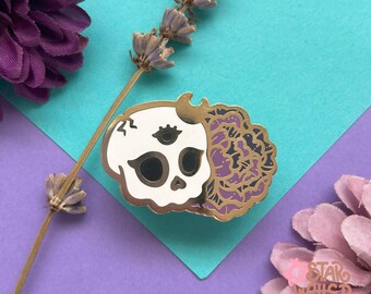 Skull and Peony Enamel Pin, Moon and Skull Pin, Skull Enamel Pin