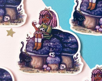 Deathly Bestie Vinyl Sticker, Spooky Girl Sticker, Witchy Skull Sticker