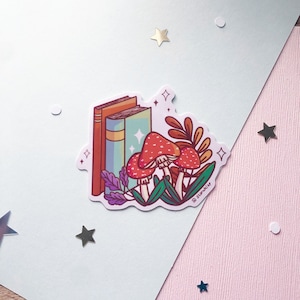 Cottage Core Books pegatina de vinilo, pegatina amante de los libros, pegatina de setas