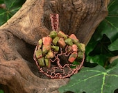 Wire-woven Tree of Life Pendant, Antique Copper Unakite