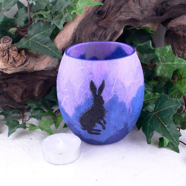 Woodland Hare Large Aurora Pot, Tea-light Candle Holder, Blue and Lavender Purple