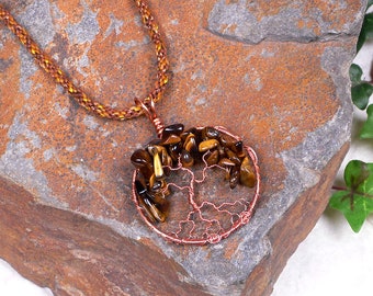 Tiger's Eye & Copper Tree of Life Necklace