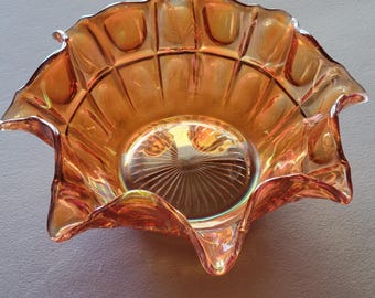 Imperial Carnival Glass Round and Oval Thumbprint Ruffled Edge Bowl in Marigold
