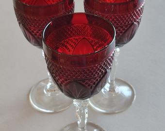 Vintage Set of 3 Cristal D'Arques-Durand Antique Royal Ruby Red 8" Water Goblet Wine Glasses