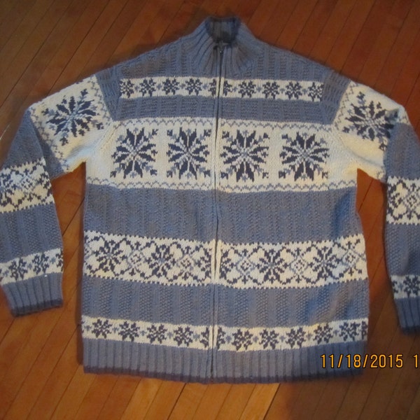 Gorgeous Norwegian Design Sweater Jacket Zips Blue Snowflake Design