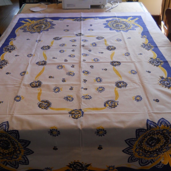 Vintage Tablecloth Blue and Yellow 1960s Wilendur Simtex Type