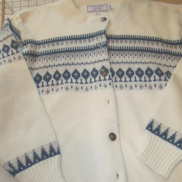 Norwegian Look Cardigan Sweater White with Blue Norwegian Design Pewter Buttons