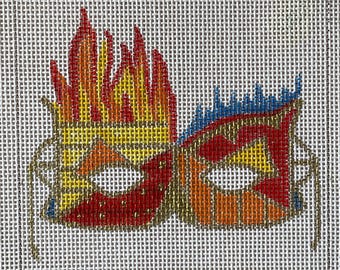 Fire Mini-Mask, Hand-painted Needlepoint Canvas, 4" square, 18-Mesh