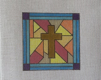 Christian Cross, 'Stained Glass', Needlepoint canvas,  4" square, 18-Mesh, Hand-painted
