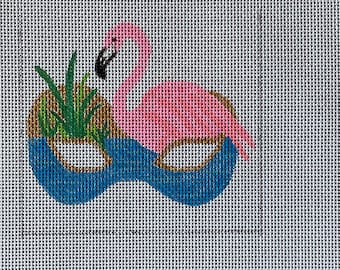Flamingo Mini-Mask, Hand-painted Needlepoint Canvas, 4" square, 18-Mesh