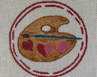 Heart Palette Ornament/Coaster, Needlepoint Canvas, 4" round, 18-Mesh, Hand-painted