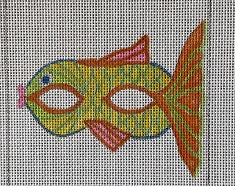 Fish Mini-Mask, Hand-painted Needlepoint Canvas, 4" square, 18-Mesh