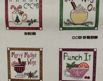 Needlepoint Canvas, Set of 4 Christmas Coasters, 4"x4" squares, 18-Mesh, Hand painted