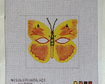 Yellow Butterfly Mini-Mask, Needlepoint Canvas, Hand-painted, 4" square, 18-Mesh