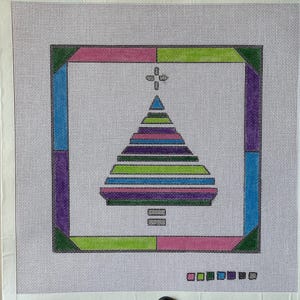 Hand-painted Needlepoint Canvas, &#39;Stained Glass&#39; Purple and Pink Christmas Tree, 8&quot; square, 18-Mesh