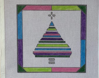 Hand-painted Needlepoint Canvas, 'Stained Glass' Purple and Pink Christmas Tree, 8" square, 18-Mesh