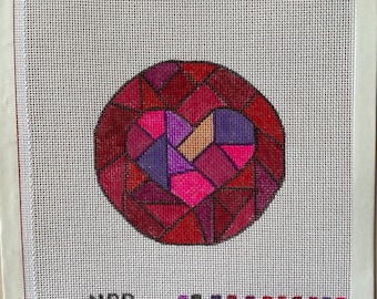 Needlepoint Canvas, Mosaic Heart Ornament/Coaster, 4" round, 18-Mesh, Hand-painted