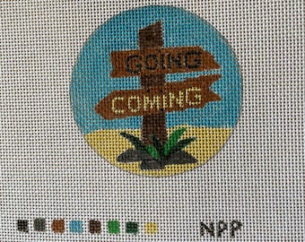 LuggageTag, Coming&Going Signpost, Needlepoint Canvas, 3" round, 18-Mesh, Hand painted