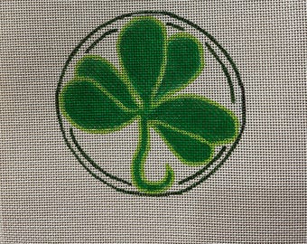 Needlepoint Canvas, Leafy Green Shamrock Ornament/Coaster, 4" round, 18-Mesh, Hand-painted