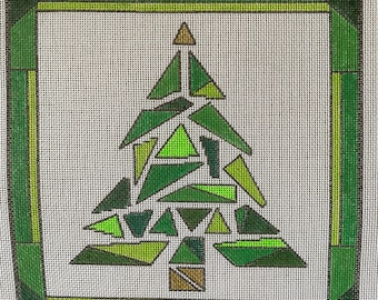 Hand-painted Needlepoint Canvas, 'Stained Glass' Green Christmas Tree, 8" square, 18-Mesh