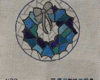 Christmas Wreath Needlepoint Ornament/Coaster Canvas, 4" round, 18-Mesh, Hand-painted