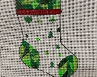 Needlepoint Canvas, Green Mosaic Bauble Stocking, 4.25"x6", 18-Mesh, Hand-painted