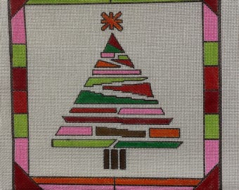 Hand-painted Needlepoint Canvas, 'Stained Glass' Red Christmas Tree, 8" square, 18-Mesh