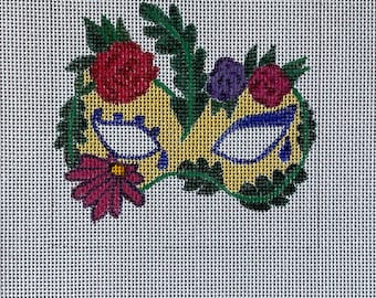 Flower Mini-Mask, Hand-painted Needlepoint Canvas, 4" square, 18-Mesh