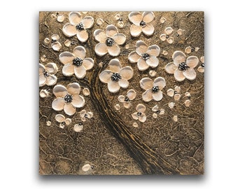 Dorm room metallic gold abstract tree impasto palette knife painting, small wall art decor, unique gift