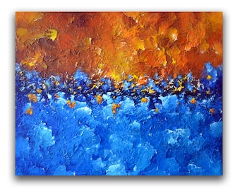 Textured Abstract Landscape Painting, Blue Orange Canvas Art (30x24)