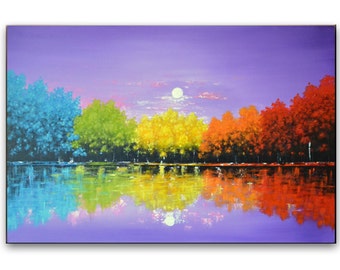 Colorful landscape painting, original abstract wall decor, contemporary art, large canvas office artwork