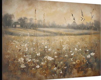 Vintage Wildblumen Landschaft Kunstdruck, Ländliche Wiese Leinwand Kunst, Landschaftsmalerei