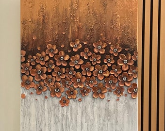 Textured Copper Flower Painting: 3D Floral Abstract Canvas Art
