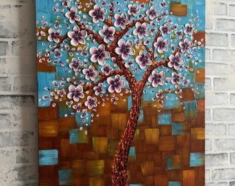 Textured Cherry Blossom Tree Painting: 3D Floral Abstract Art (30x24)