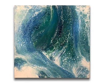 Original  small abstract art, blue water wave painting, dorm room wall decor