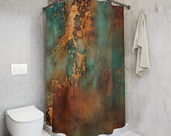 Rustic Copper Blue Turquoise Shower Curtain, Boho Bathroom Decor, Polyester Fabric Upgrade