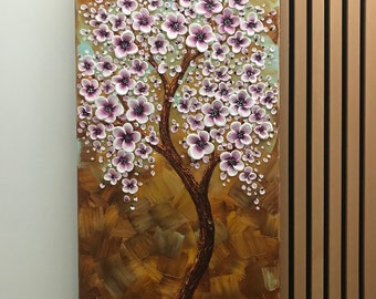 Large original abstract cherry blossom tree painting for the office, livingroom , One of a kind gift idea