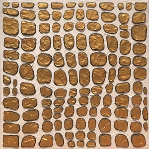 May include: Abstract painting with a white background and gold textured circles.