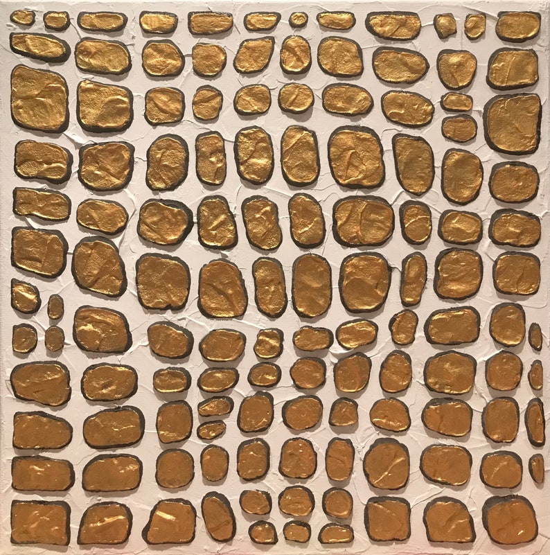 May include: Abstract painting with a white background and gold textured circles.