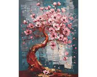 Pink Cherry Blossom Tree Canvas Art, Textured Floral Wall Decor, Serene Nature Painting