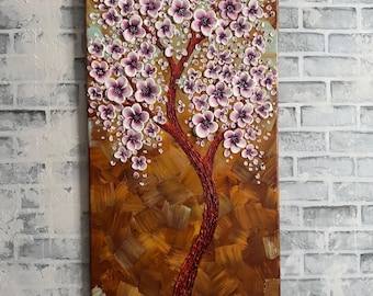 Original Cherry Blossom Tree Painting: Impasto Acrylic Art (36x18)