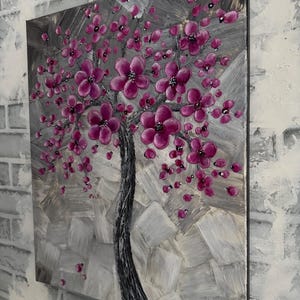 Cherry Blossom Tree Painting: Impasto Palette Knife Art, 16x20 Canvas