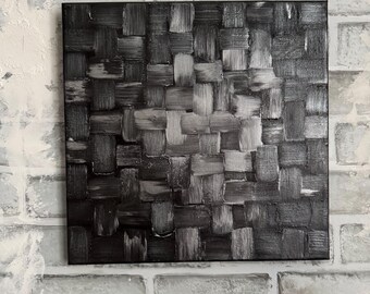Metallic Silver Black Abstract Painting: 12x12 Small Canvas Wall Art