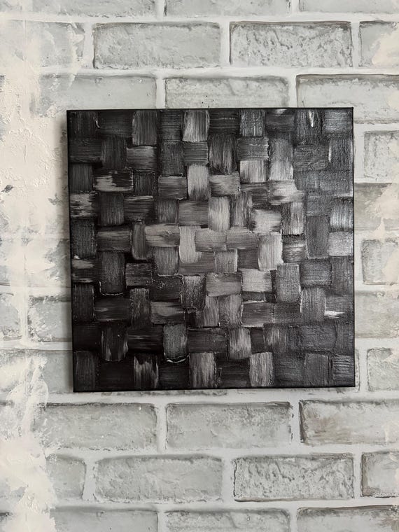 Metallic Silver Black Abstract Painting: 12x12 Small Canvas Wall Art