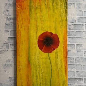 Red Poppy Impasto Painting: Abstract Botanical Ink Art, 18x36&quot;